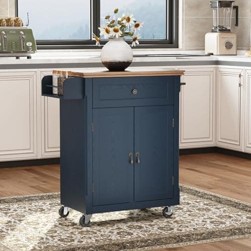 Image of HOLTICO Small Kitchen Island, Kitchen Island on Wheels with Storage Cabinet and Drawer, Vintage Kitchen Trolley with Spice Rack & Towel Rack for Kitchen, Dining Room, Blue