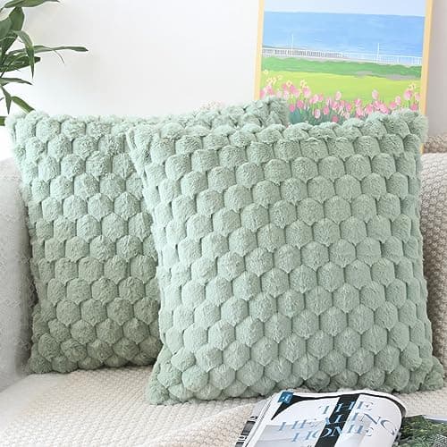Image of NIULAA Faux Fur Cushion Covers 45 x 45 Sage Green Set of 2 Fluffy Plush Cushion Covers 18x18 Pillow Covers Soft Fuzzy Pillowcases Moroccan Style Home Decor Cushion Cover