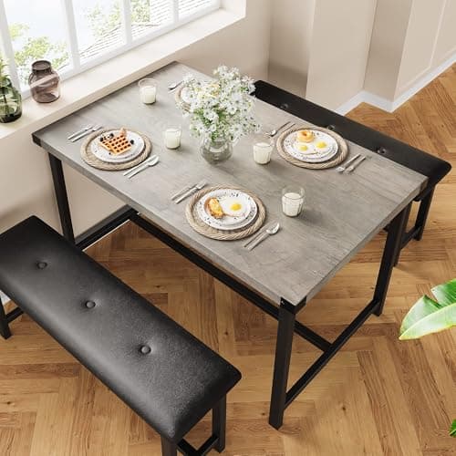 Image of Crevyteg 3 Piece Dining Table Set, Kitchen Table and Benches for 4, Rectangular Dining Room Table Set with 2 Upholstered Benches, Dining Table Set for Small Space, Apartment, Retro Gray