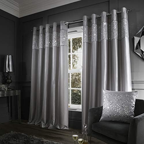 Image of Catherine Lansfield Glitzy Sequin 66x54 Inch Lined Eyelet Curtains Two Panels Grey