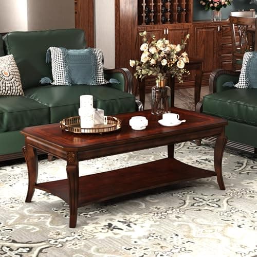 Image of Traditional Coffee Table with Storage Shelf and Carved Leg, Farmhouse Living Room Tables, Solid Wood Rectangle Cocktail Center Table, 120cmL x 60cmW x 45.5cmH, Easy Assembly Cherry Brown KFZ-A1168-WD