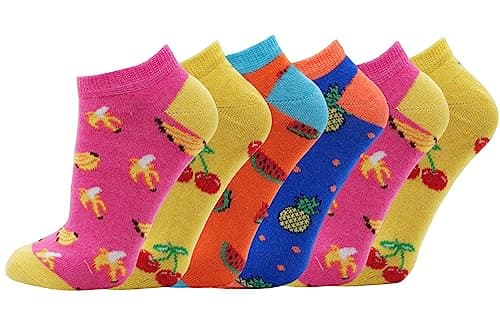 Image of Ladies Trainer Ankle Socks 6 Pairs Womens Funky Colourful Everyday Casual Athletic Sports Wear Size 4-7 (Fruits)