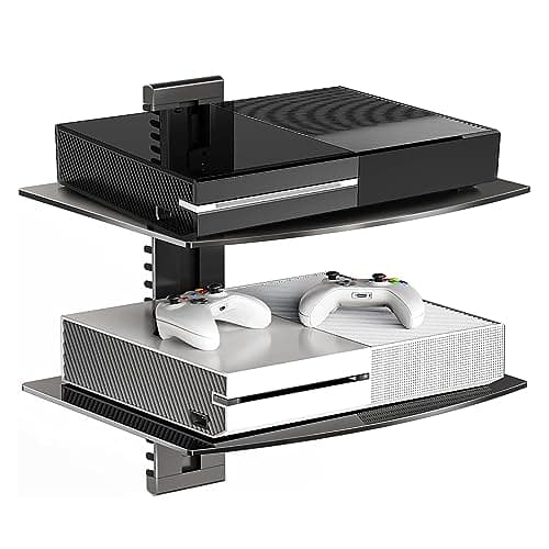Image of Suptek 2-Tier Glass Floating Shelves, Modern Wall Mount TV Shelf for DVD Player / PS4 / Cable Boxes, Black