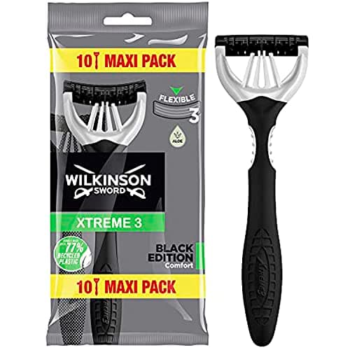 Image of Wilkinson Sword Xtreme 3 - 10 Disposable Razors - Black Edition, Male, Classic Style, Aloe Vera Lubricating Strip, Flexible 3 Blades, Ergonomic Dual-Material Handle