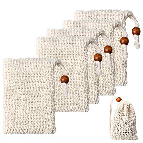 Image of 5 Pcs Sisal Soap Bag, Exfoliating Soap Bags Saver Pouch with Drawstring Mesh Soaps Bag for Shower Bath Travel