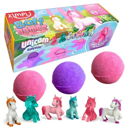 Image of ZIMPLI - 3 x Large Unicorn Surprise Bath Bombs, 1 of 6 Surprise Unicorn Toys to Collect, One per Baff Bomb, Mystery Bath Bomb Gift for Children, Xmas Stocking Fillers