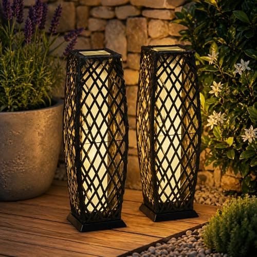 Image of Gr8 Garden Set of 2 Solar Rattan Floor Lanterns, Charcoal Wicker Effect Outdoor Pathway Lights, LED Garden Patio Lamps, Warm White, Auto On/Off, Solar Powered, IP44