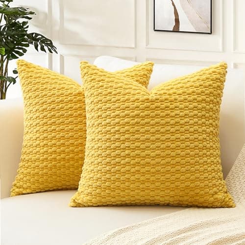 Image of Artscope Pom Poms Decorative Corduroy Cushion Covers 45x45cm Super Soft Boho Striped Square Pillow Covers Case Geometric for Sofa Couch Bedroom Car Decor Set of 2, Mustard Yellow