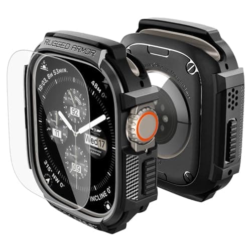 Image of Spigen Rugged Armor Case with Tempered Glass Screen Protector Compatible with Apple Watch Ultra 3/2/1 49mm - Matte Black