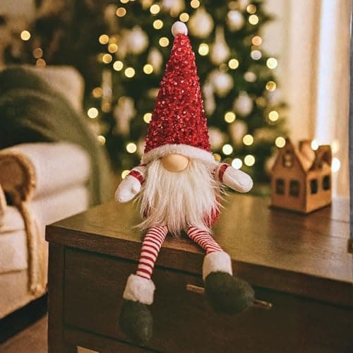 Image of Marco Paul 59cm Sitting Red Glam Gonk – Soft Plush Christmas Nordic Gnome Ornament - Sparkle Hat Festive Indoor Santa Figure Decoration for Table, Fireplace & Xmas Home Décor