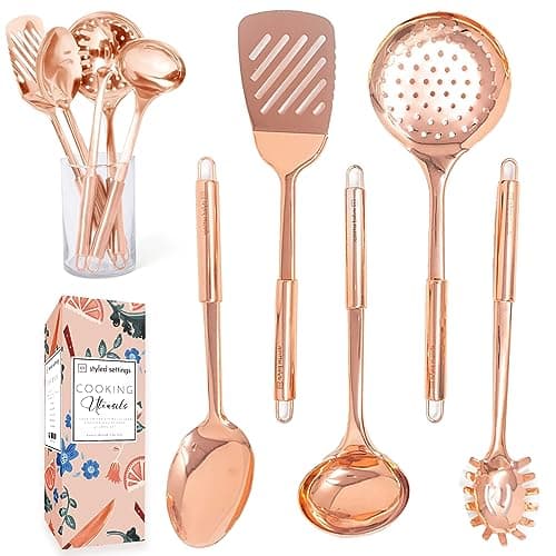 Image of Copper Cooking Utensils Set – 5-Piece Rose Gold Stainless Steel Kitchen Tools for Cooking and Serving Includes Ladle, Spoon, Pasta Fork, Spatula, and Skimmer – Stylish Copper Kitchen Accessories