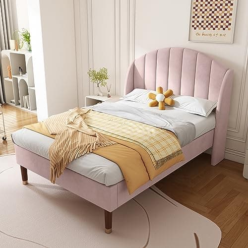 Image of BTM Upholstered Single Bed, 3FT Single Bed Frame with Headboard and Wooden Slatted Support, Youth Bed, Pink Velvet Bed Frame, 90x190cm