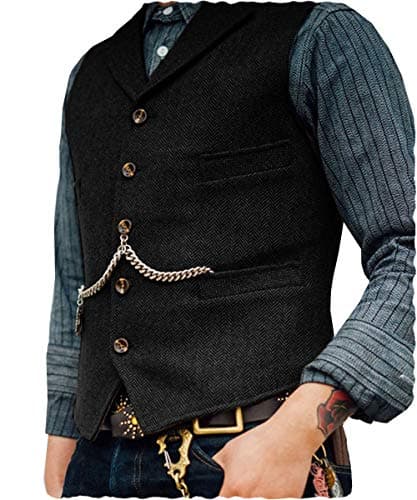 Image of AeoTeokey Classic Mens Wool Tweed Suit Vest Casual Sleeveless Jacket Herringbone Waistcoat for Tuxedos(XL,Black)