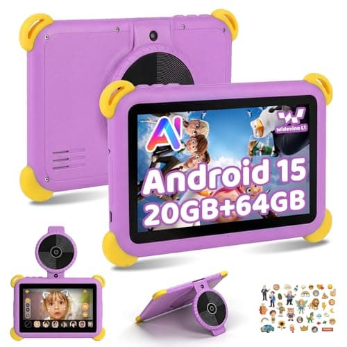 Image of Ainmel Kids Tablet 7 inch Android 15 Tablet for Kids, 20GB+64GB (TF 1TB), Android Tablet with Parental Control, AI Dual Cam&Learning, WiFi 6/BT 5.3, Widevine L1, Tablet with Protective Case - Purple