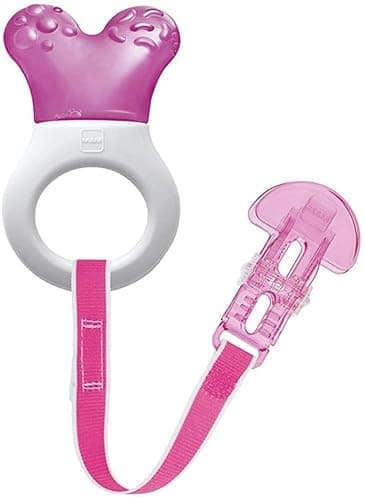 Image of MAM Mini Cooler & Clip | Teething Toy with Water-Filled Cooling Element | Suitable from 2+ Months | Relief for Painful and Sensitive Gums | Easy-to-Hold Handle | Pink