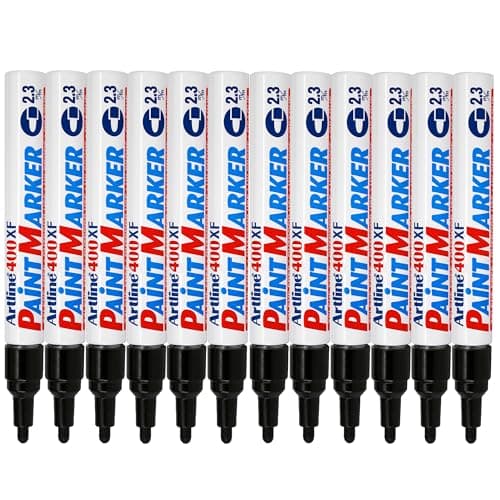 Image of Artline Pack of 12 Permanent Paint Markers (Black). Vibrant Paint Pens for Wood, Metal, Glass & More. Precise 2.3mm Bullet Tip for labelling Parts, Tools or Materials - Genuine Paint Pens