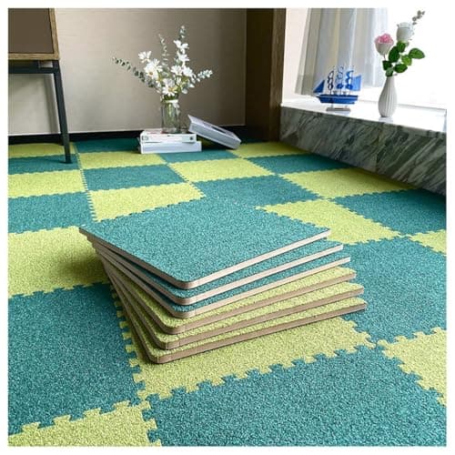 Image of 10 Pieces Soft Plush Foam Floor Mats Interlocking Carpet Tiles with Borders Fluffy Protective Area Rugs for Kids' Playroom & Bedroom (Dark Green & Grass Green)