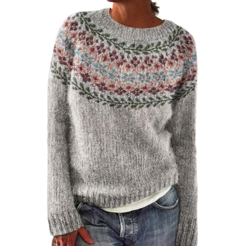 Image of YONGLSP Norwegian Sweater Women, Women's Knitted Print Retro Sweater Crewneck Long Sleeve, Autumn and Winter Casual Loose Knit Jacquard Sweater (Green Leaf,L)