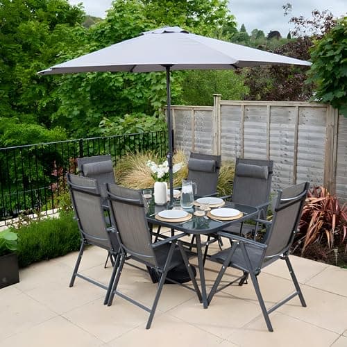 Image of Hectare Polytex 6 Seater Metal Garden Furniture Outdoor Dining Set with Reclining Chairs and Parasol in Grey