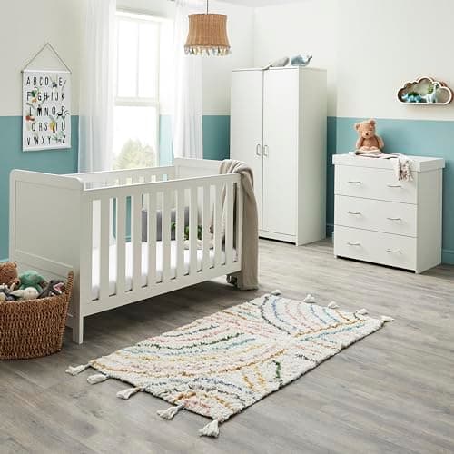 Image of Babymore Caro 3 Piece Nursery Room Set White Wash - 1 Baby Cot Bed & One 2 Door Wardrobe With Hanging Rails & 1 Chest Changer, Wooden Chest Of Drawer Storage Cabinet | 3 Piece Nursery Room Furniture