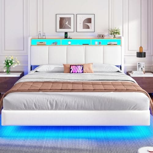Image of DICTAC Double Floating Bed Frame with Upholstered Storage Headboard, Stable and Sturdy 4ft6 Double Bed Frame with Charging Station & LED Lights, 135x190 cm Platform Bed Frame 350KG Load Capacity White