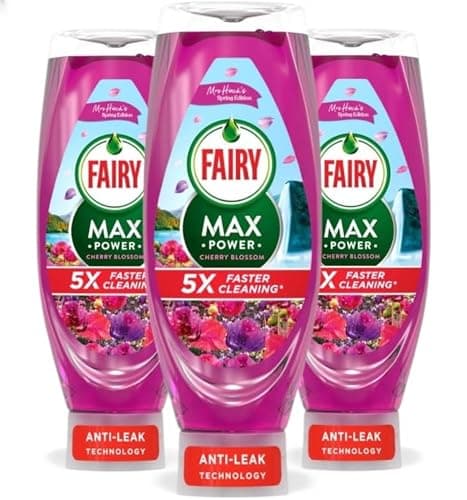 Image of Fairy Max Power Washing-Up Liquid Spring Edition Mrs Hinch’s CHERRY BLOSSOM 730 ml × 3 | LiftAction Grease-Cutting Formula | Upside‑Down Bottle with No Flip Cap | Sparkling Clean Every Wash