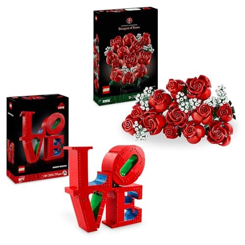 Image of LEGO Art LOVE + Icons Bouquet of Roses Bundle Artificial Flowers Engagement Gift for Couples, Valentine's Day Decoration for Her or Him Gifts for Women Men 31214 +10328
