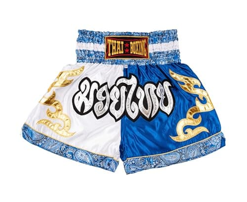 Image of MUAY NATION Muay Thai Shorts for Men Women Slim Cut MMA Boxing Shorts Training Kickboxing Clothing Martial Arts Trunks (XL, White/Blue)
