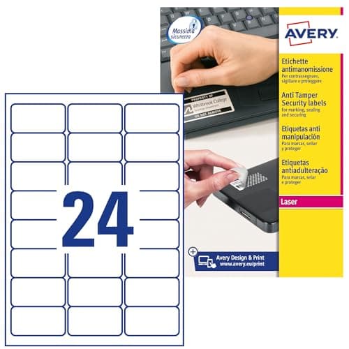 Image of Avery L6146-20 Extra-Strong Adhesive NoPeel Permanent Labels, 24 Labels Per A4 Sheet, White, 63.5 x 33.9 mm