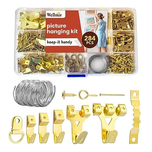 Image of Wellnur 284pcs Picture Hooks | Heavy Duty Picture Hanging Kit | Rustproof Assorted Picture Hangers, 62 Hooks, 30 Sawtooth, D-Rings, Wire, Nails & Screws for Mirrors, Frames & Paintings