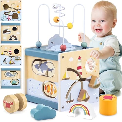 Image of Airlab Wooden Activity Cube Baby Toys for 1 Year Old, 1st Birthday Gifts for Girls and Boys, 12+ Months Montessori Toys with Bead Maze Shape Sorter Educational Sensory Toys for Kids Age 1 2 3