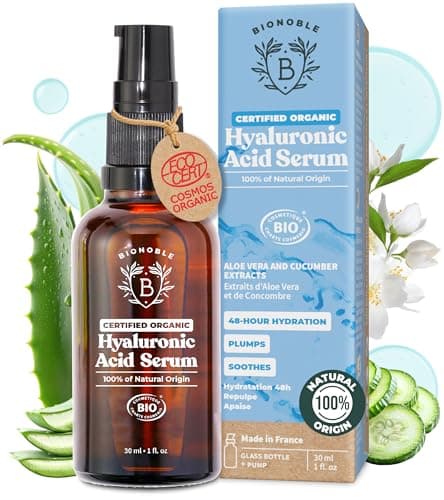 Image of BIONOBLE Hyaluronic Acid Serum for Face Certified Organic - Hydrating, Anti Aging, Wrinkle - Face Serum for Women Mature Skin and All Types - Vegan Pure Hyaluronic Acid - Glass Bottle, Pump - 30ml