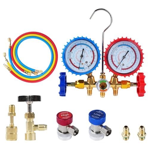 Image of TKSE R134A Refrigeration Gauge,AC Diagnostic Manifold,3 Way Refrigerant Manifold Gauge,Functional Gauge Set with 1/4 inch Interface,Air Condition Refrigeration with 80cm 3 Hose for R404A R12 R22