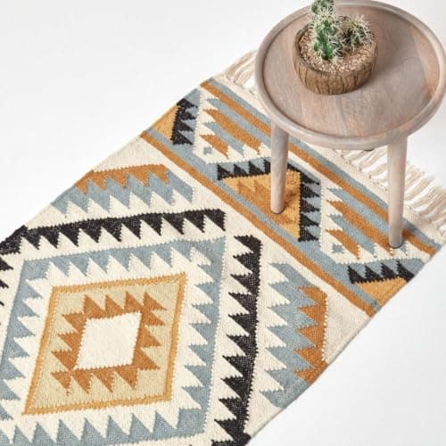 Image of HOMESCAPES Agra Gold, Silver & Black Handwoven Kilim Runner Rug for Hallway Diamond Pattern Wool Rug with Fringe, Runner 66 x 200 cm
