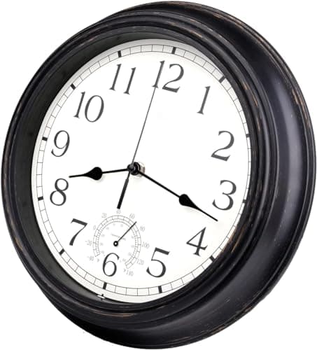 Image of 12" Outdoor Black Clock with Thermometer - Waterproof, Retro Vintage Design Wall Clocks, Battery Operated, With Slient Quartz Movement | For Indoor, Garden Patio Pool Bathroom Decor - 30cm / 12 Inch