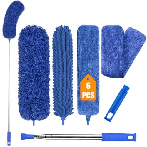 Image of Extendable Feather Duster, 6PCS Microfiber Duster Cleaning Kit with Telescoping Extension Pole 100 Inch, Reusable Bendable Dusters, Washable Lightweight Dusters for Cleaning Cobwebs Ceilings Fans
