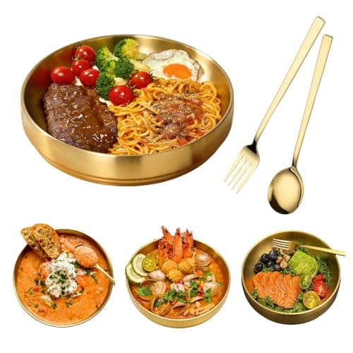 Image of Crafthaven Double-Walled Stainless Steel, Large Salad Bowl 21/23CM with Spoon&Fork, Mixing Gold Fruit Bowl Ramen Thickened Stainless Bowl for Salad Noodle Soup Bibimbap Baking (21cm)