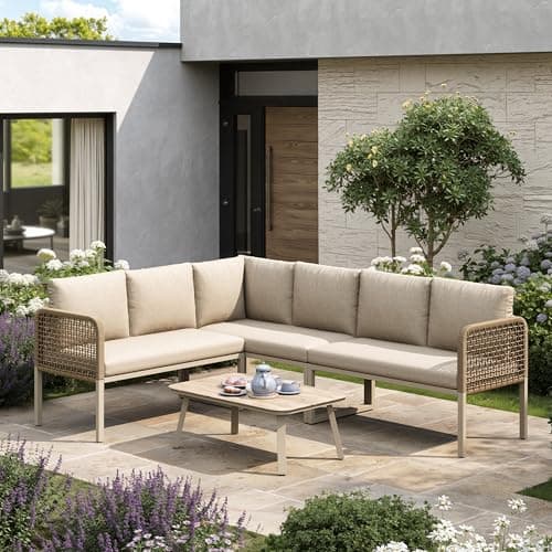 Image of Merax 5-6 Seater Garden Furniture Set, Outdoor Corner Sofa Set with Coffee Table, L-Shaped Modular Rope Garden Lounge Set, Patio Furniture for Balcony Terrace, Beige