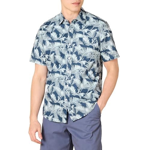 Image of Amazon Essentials Men's Slim-Fit Short-Sleeved Button-Down Printed Shirt, Navy Palm Leaf, XXL