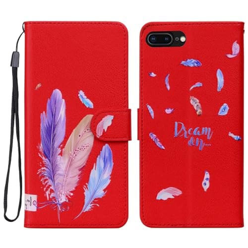 Image of Tiyoo Case for iPhone 7 Plus/iPhone 8 Plus, Bright Colorful PU Leather iPhone 7Plus/8Plus Phone Case with Feathers Pattern, Card Slots & Magnetic Closure, Red