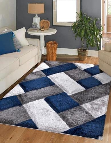Image of 3D Shaggy Rugs Modern Geometric Design Large Area Rugs for Living Room Bedroom Thick Fluffy Floor Mats Small Door Mat (Blue, 200 x 290 cm)