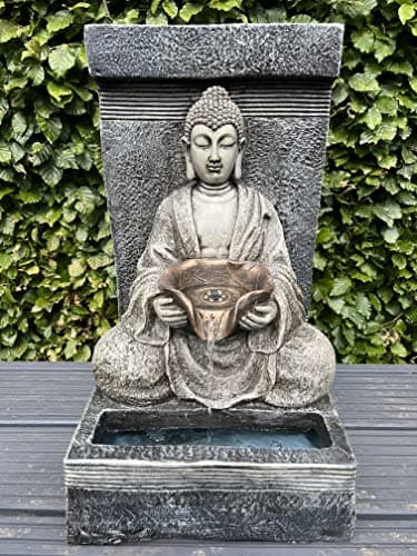 Image of Buddha Outdoor Water Feature for the Garden with LED Light (51.5cm Tall) | Zen Garden Buddha Fountain, Solar Powered Panel - 30 x 32 x 51.5cm