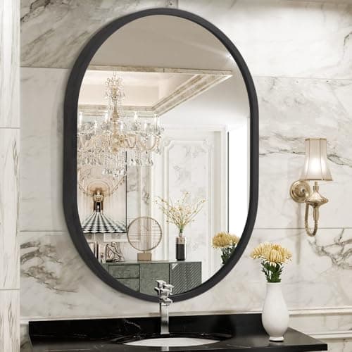Image of JJUUYOU Oval Mirror Black Metal Frame Bathroom Mirrors for Wall 65×45 CM Large Aluminum Alloy Mirror Decorative for Bathroom Living Rooms Bedroom Entryway Hallway Horizontal or Vertical Hanging