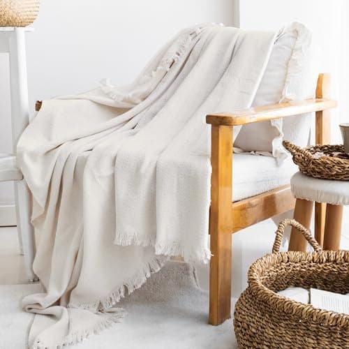 Image of Milam London Cotton Throw Blanket | Soft Throws For Armchairs, Sofa, Settee | Single Bed Throw, 170 x 200 cm | Cream (Lightened to White)