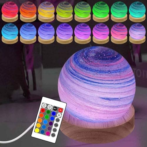 Image of ALEENFOON Handmade Blown Glass Ball Table Lamp 3D Mood Night Light Astronomy Ornament 16 Colors Dimmable USB Powered Planet Light with Remote Control 8CM (Sunglow)
