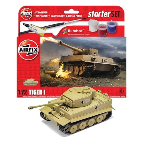 Image of AIRFIX - Starter Set - A55004 Tiger 1 Model Building Kit - Plastic Model Tank Kits for Adults & Children 8+, Set Includes Decals, Humbrol Acrylic Paints, Brushes & Poly Cement - 1:72 Scale
