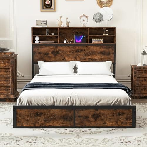 Image of COSTWAY Single/Double/King Size Bed Frame with Charging Station, Storage Headboard and Underbed Space, Industrial Metal Slats Support Platform Bed Base Mattress Foundation (Rustic Brown, 4FT6 Double)