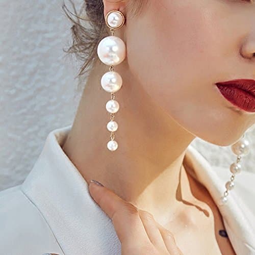 Image of VOMONO Women Earrings Pearls Long Dangle Ear Cuff Stud Earrings Eardrop Jewelry Gift for Women Girls White