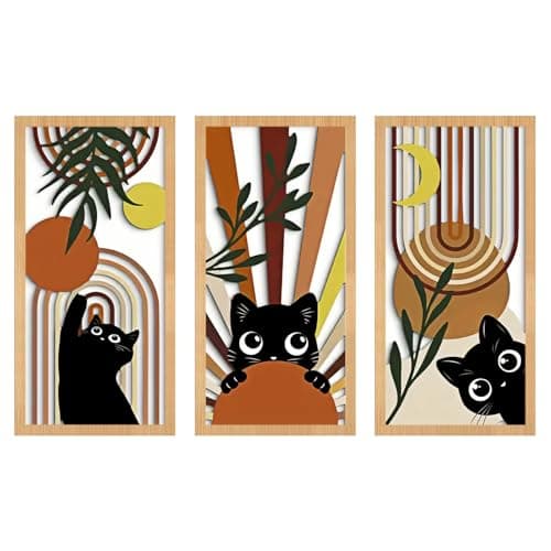 Image of HUASUN 3-Piece Bohemian Wall Art Set, Laser-Cut Wooden Wall Decor with Cat, Sun & Moon, Pre-installed Hooks, Fade-Resistant & Warp-Proof for Living Room, Bedroom, Hallway Gallery Wall