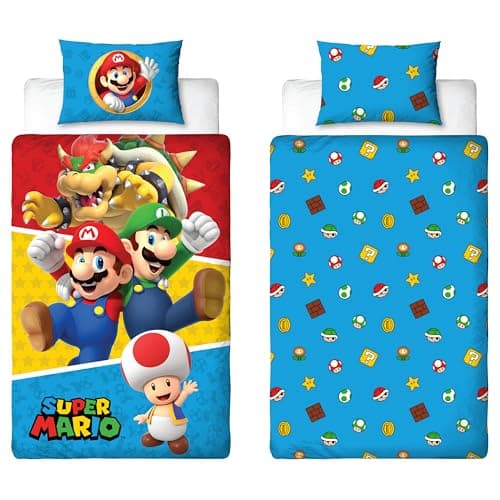 Image of Nintendo Super Mario Official Single Duvet Cover Set, Splitter Design | Reversible 2 Sided Bedding Cover Official Merchandise Including Matching Pillow Case | Single Bed Set | Polycotton